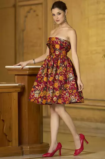 Maroon floral weaving zari jacquard strapless mini dress