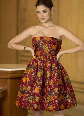 Maroon floral weaving zari jacquard strapless mini dress 4
