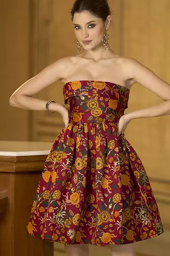 Maroon floral weaving zari jacquard strapless mini dress