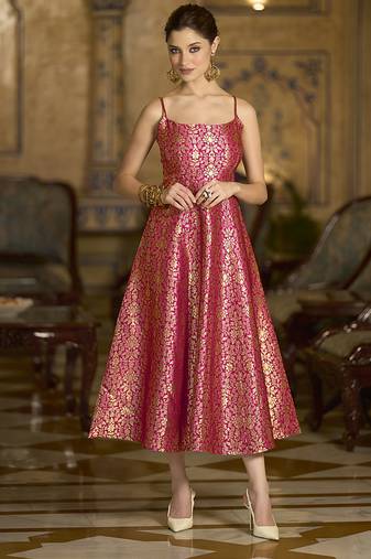 Pink jacquard zari weaving a-line dress for women