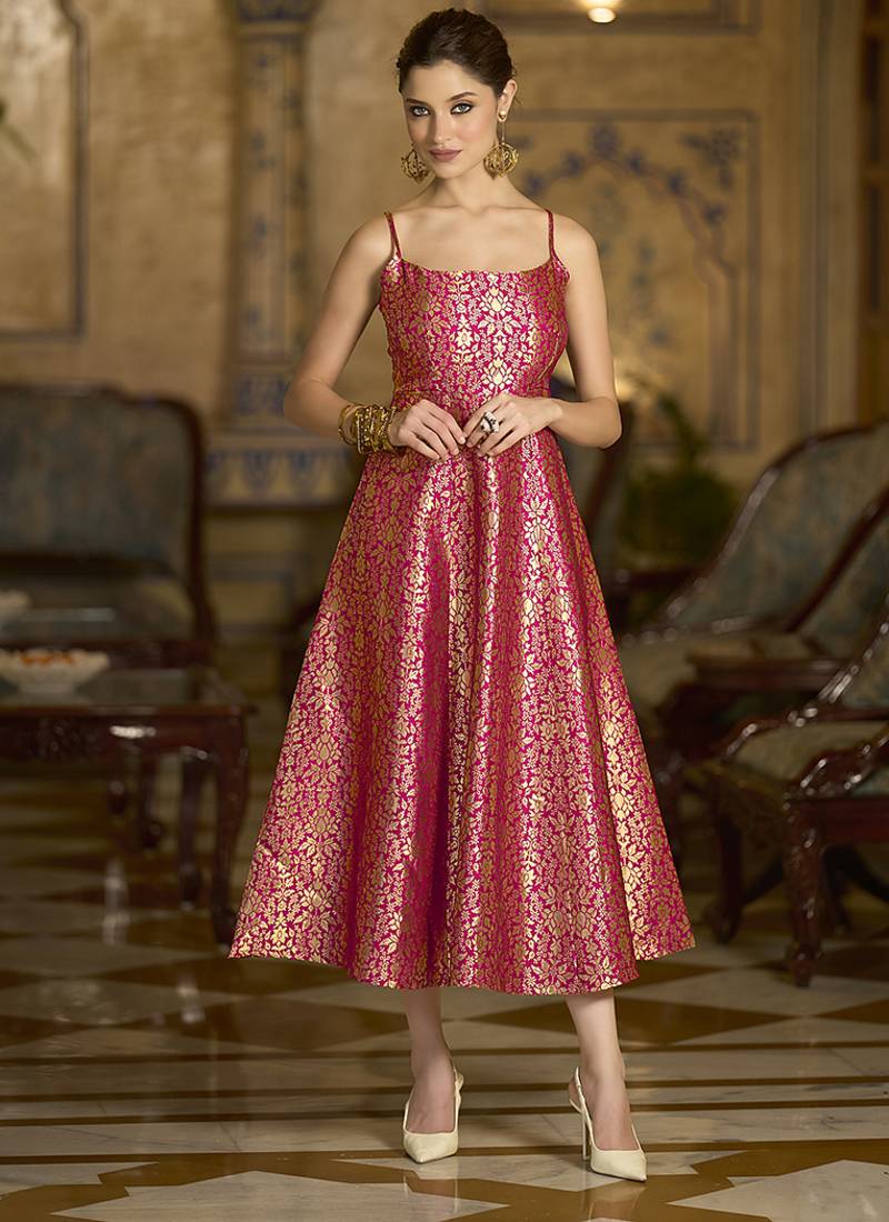 Pink jacquard zari weaving a-line dress for women