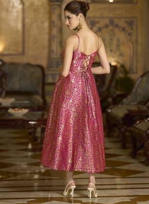 Pink jacquard zari weaving a-line dress for women 2