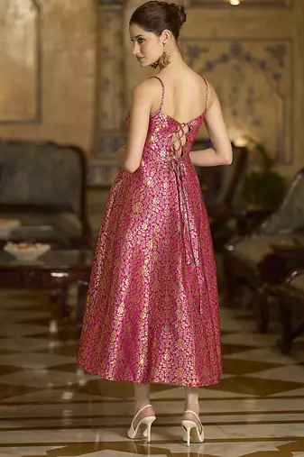 Pink jacquard zari weaving a-line dress for women