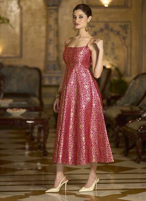 Pink jacquard zari weaving a-line dress for women 3