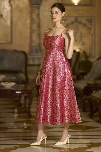 Pink jacquard zari weaving a-line dress for women
