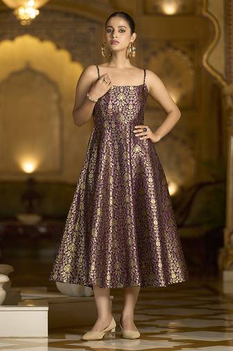 Wine jacquard zari weaving a-line dress for women