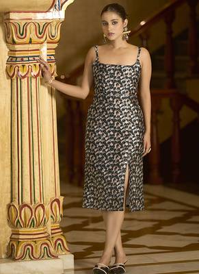 Black floral weaving zari jacquard bodycon midi dress with slit cut 1