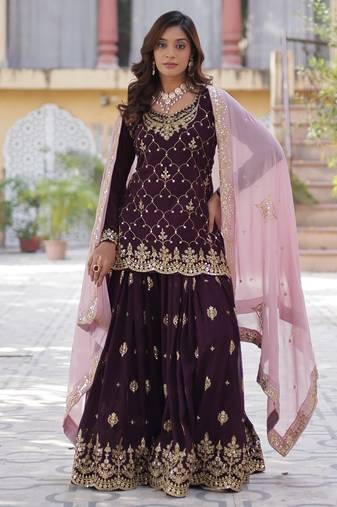 Wine Faux Blooming Kurta Set with Sequins Embroidery – Elegant Festive & Party Wear