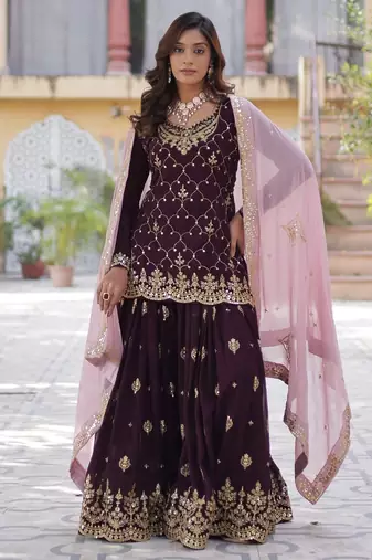 Wine Faux Blooming Kurta Set with Sequins Embroidery – Elegant Festive & Party Wear