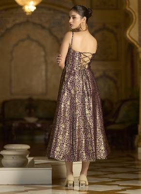 Wine jacquard zari weaving a-line dress for women 2