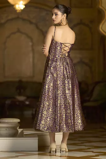 Wine jacquard zari weaving a-line dress for women