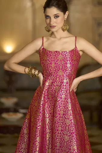 Pink jacquard zari weaving a-line dress for women