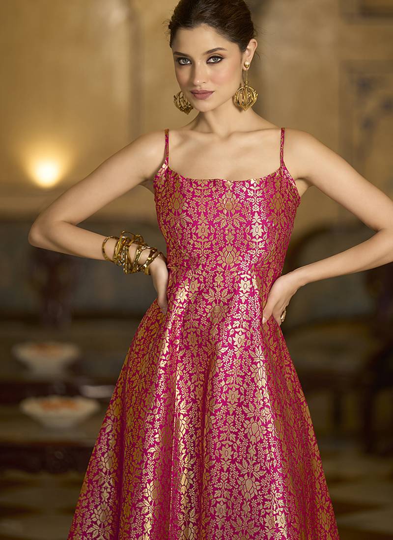 Pink jacquard zari weaving a-line dress for women