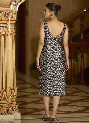 Black floral weaving zari jacquard bodycon midi dress with slit cut 2
