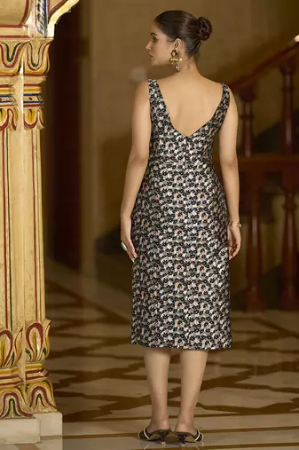 Black floral weaving zari jacquard bodycon midi dress with slit cut