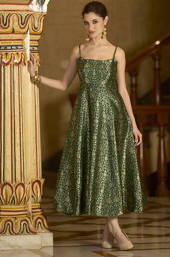 Green jacquard zari weaving a-line dress for women