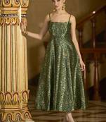 Green jacquard zari weaving a-line dress for women