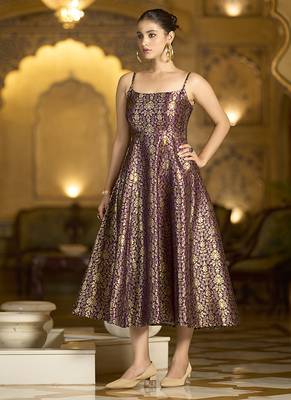 Wine jacquard zari weaving a-line dress for women 3