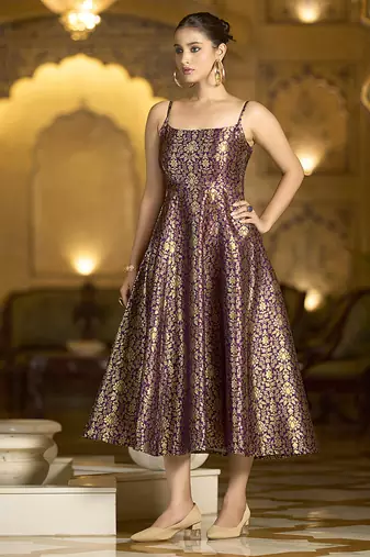 Wine jacquard zari weaving a-line dress for women