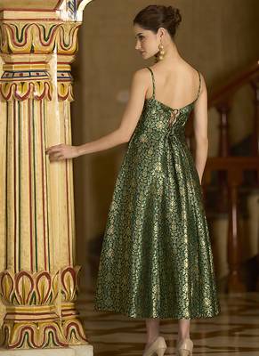 Green jacquard zari weaving a-line dress for women 2