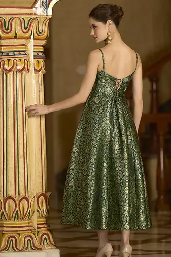 Green jacquard zari weaving a-line dress for women