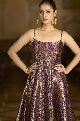 Wine jacquard zari weaving a-line dress for women