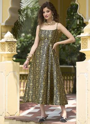 Black jacquard zari weaving a-line dress for women 1