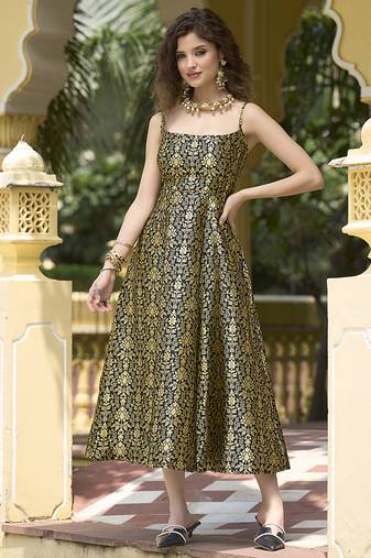 Black jacquard zari weaving a-line dress for women