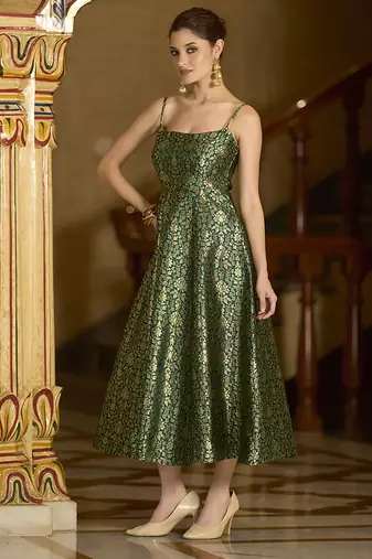 Green jacquard zari weaving a-line dress for women
