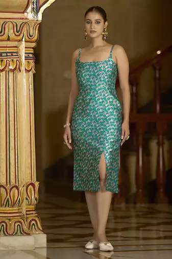 Teal floral weaving zari jacquard bodycon midi dress with slit cut