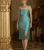 Teal floral weaving zari jacquard bodycon midi dress with slit cut
