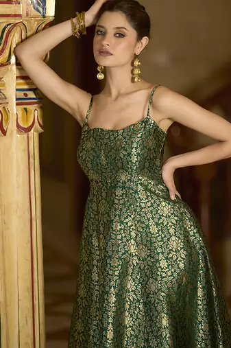 Green jacquard zari weaving a-line dress for women