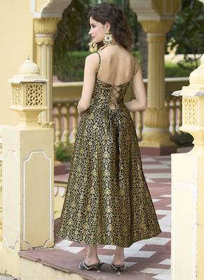 Black jacquard zari weaving a-line dress for women 2