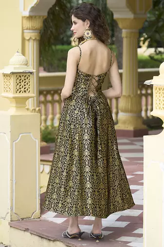 Black jacquard zari weaving a-line dress for women