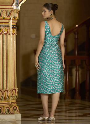 Teal floral weaving zari jacquard bodycon midi dress with slit cut 2