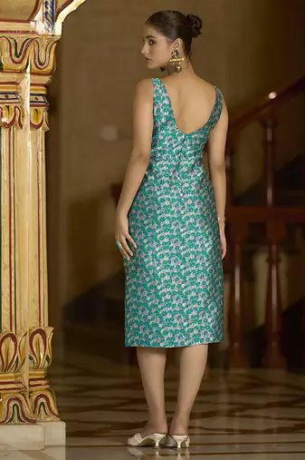 Teal floral weaving zari jacquard bodycon midi dress with slit cut
