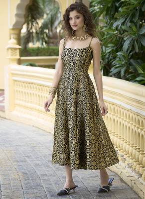 Black jacquard zari weaving a-line dress for women 3