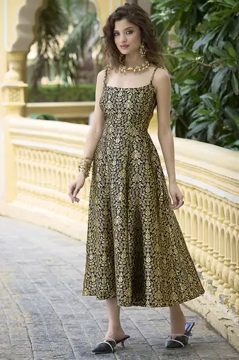 Black jacquard zari weaving a-line dress for women