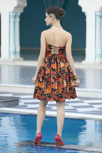 Black floral weaving zari jacquard strapless mini dress