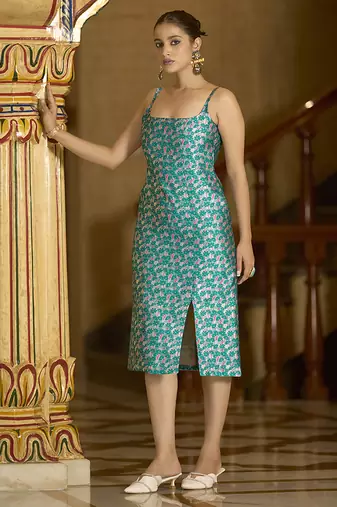 Teal floral weaving zari jacquard bodycon midi dress with slit cut