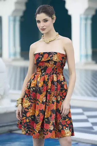 Black floral weaving zari jacquard strapless mini dress