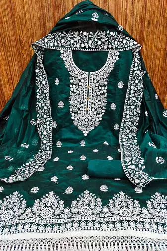 women's Bottle Green chanderi cotton white embroidered lucknowi chikankari