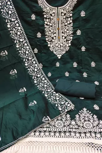 women's Bottle Green chanderi cotton white embroidered lucknowi chikankari