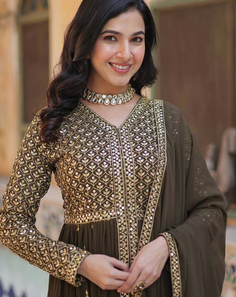 Mendi Green Faux Georgette Kurta Set with Elegant Embroidery – Premium Occasion & Festive Wear