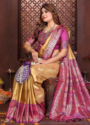 gold color zari weaving banarasi tissue silk blend saree 2