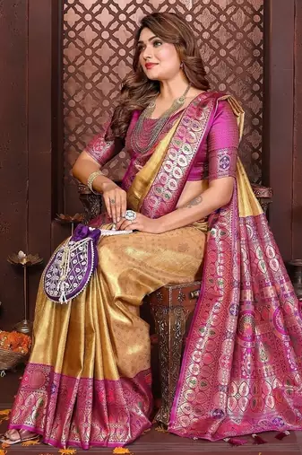 gold color zari weaving banarasi tissue silk blend saree