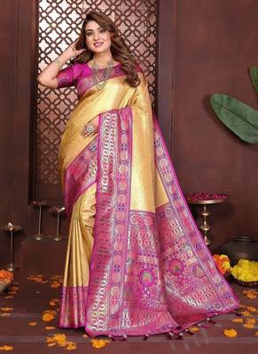 gold color zari weaving banarasi tissue silk blend saree 3