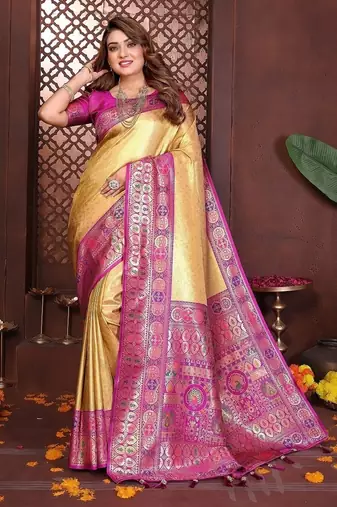 gold color zari weaving banarasi tissue silk blend saree