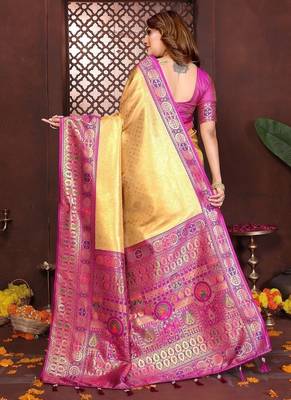 gold color zari weaving banarasi tissue silk blend saree 4