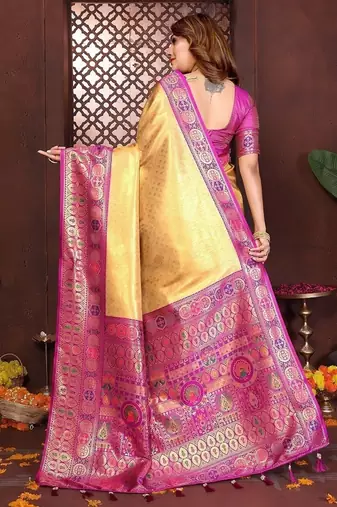 gold color zari weaving banarasi tissue silk blend saree